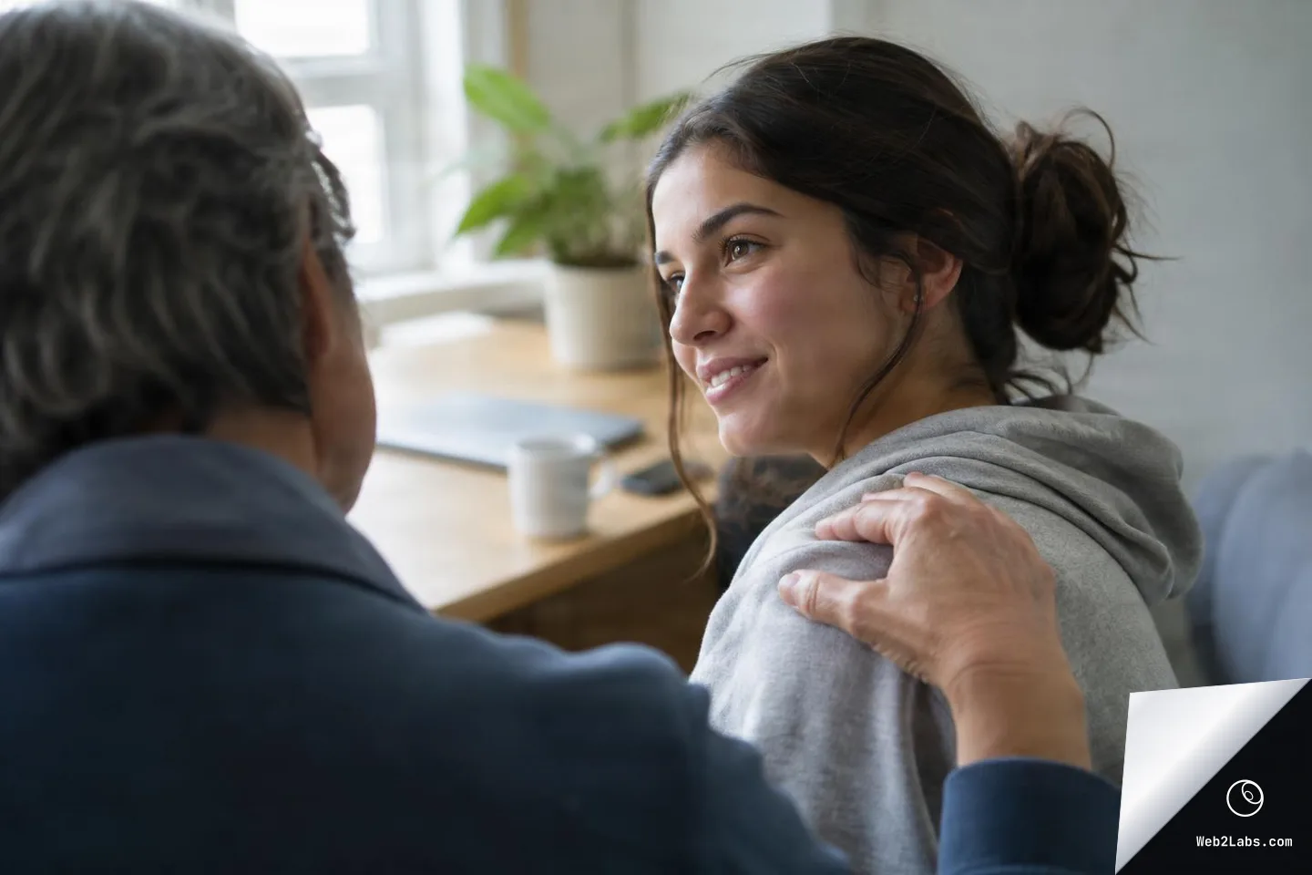 Over-the-shoulder view of an older person placing a hand on a young woman's shoulder as she smiles back in a softly lit room with a desk and window in the background.