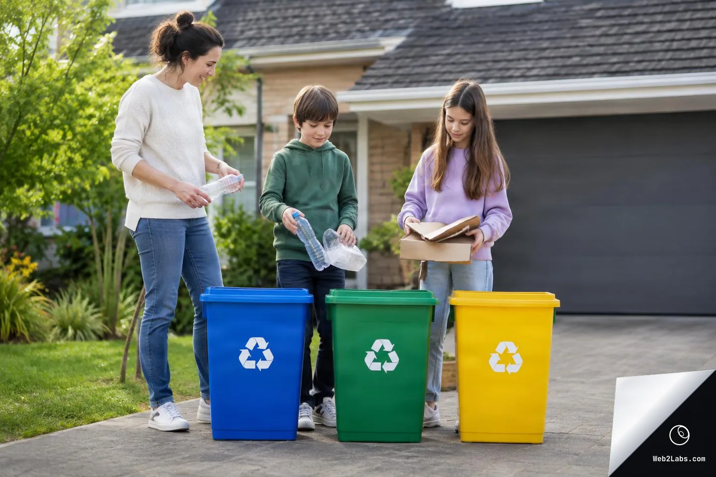 Woman and two children sorting plastic bottles and cardboard into blue, green, and yellow recycling bins on a driveway in front of a house.