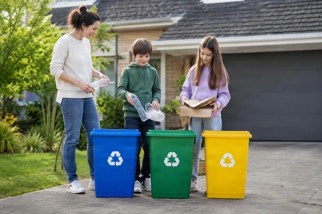 Family Sorting Recycling Bins