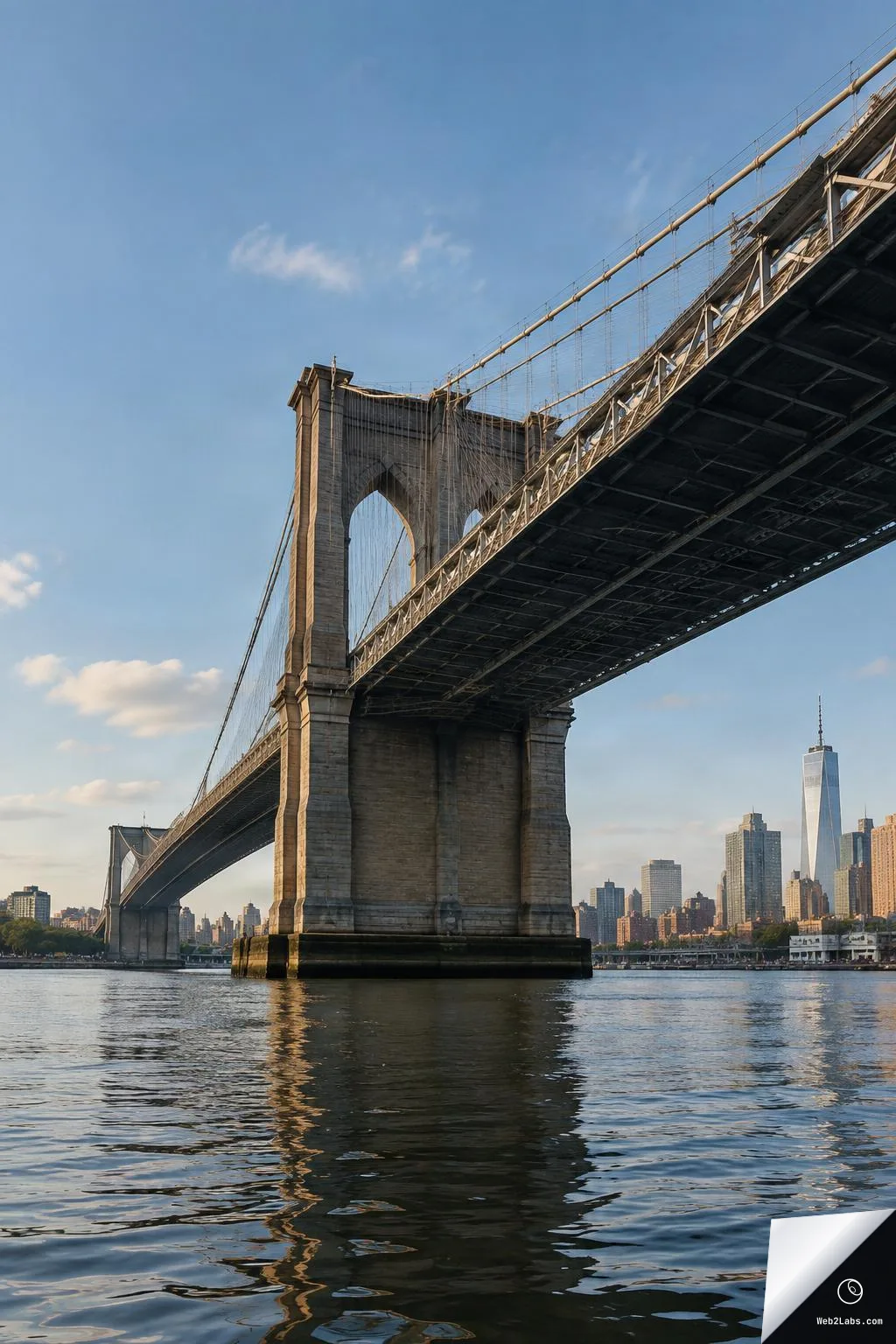 Low-angle view from the water looking up at a suspension bridge, with the bridge tower and underside structure dominating the frame and a city skyline on the right under a blue sky.
