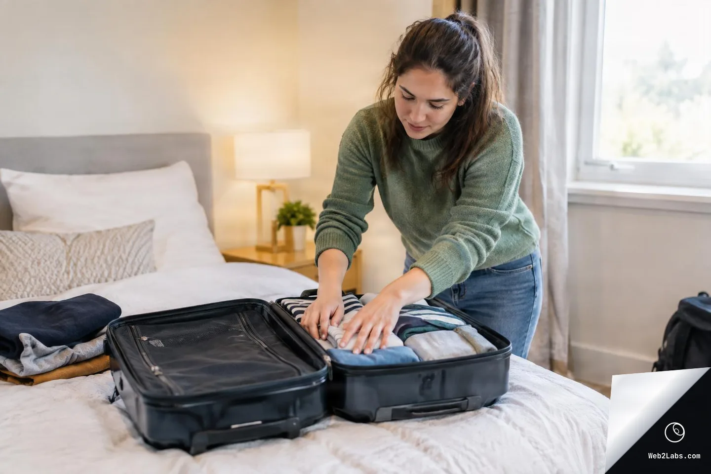 Woman in a green sweater packing folded clothes into an open black suitcase on a bed in a bright bedroom, with a backpack on the floor near a window.