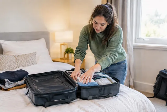 Woman Packing Suitcase on Bed