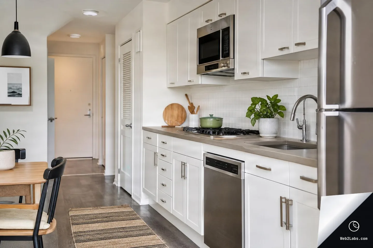 Small apartment kitchen with white cabinets, stainless refrigerator and dishwasher, microwave above the stove, a sink with faucet, a potted plant on the counter, and a small dining table at left.