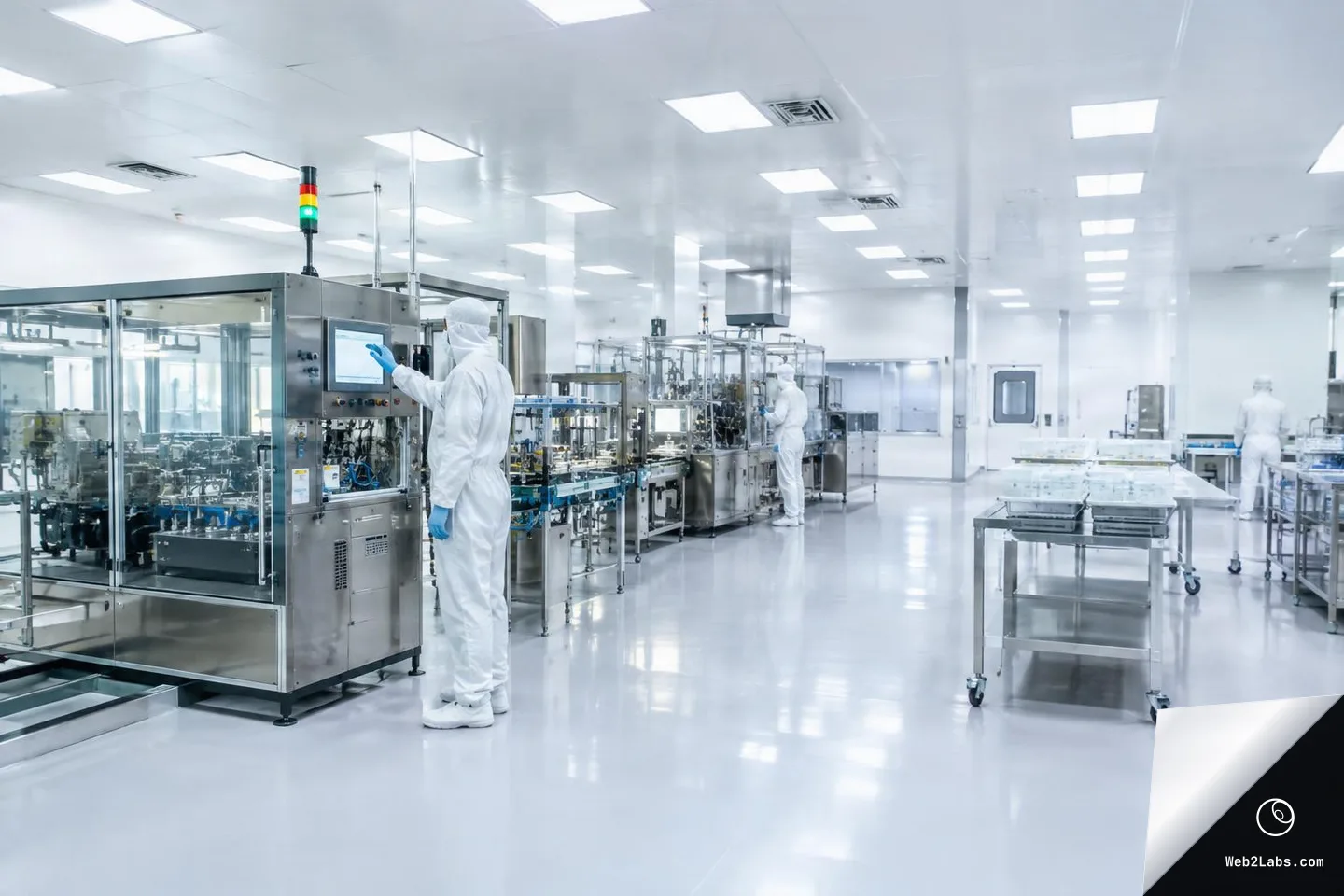 Wide shot of a clean manufacturing cleanroom with stainless-steel machinery and three workers in white protective suits operating a control panel and standing near equipment, with metal carts on the right.