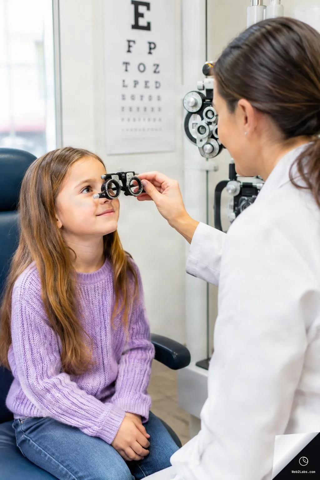 Optometrist adjusts a trial frame on a young girl seated in an exam chair, with an eye chart and phoropter visible in a bright clinic room.