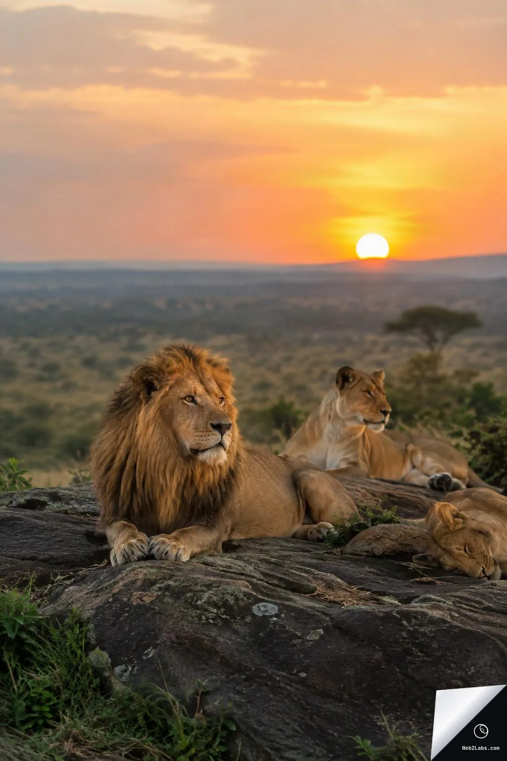 Three lions resting on a rocky outcrop at sunset, with a male lion in the foreground and two lionesses behind, overlooking a savanna landscape.