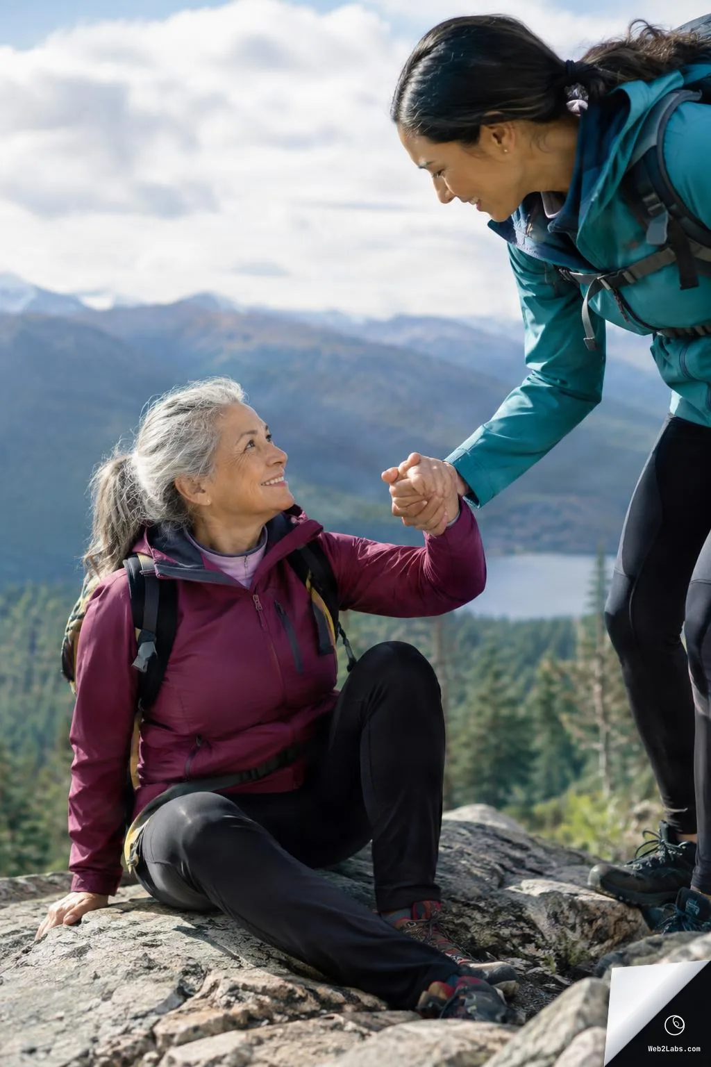 A younger woman hiker in a teal jacket helps an older woman with gray hair in a maroon jacket up from a rock ledge, with mountains and a lake in the background.