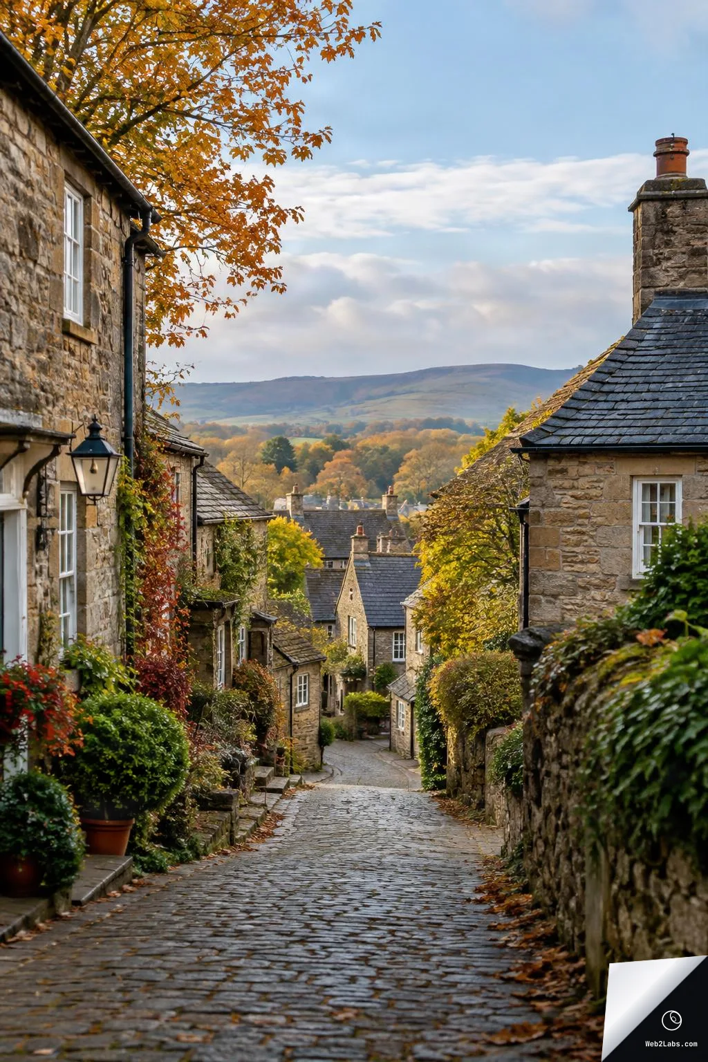 A narrow cobblestone lane between stone cottages with potted greenery and autumn leaves, leading down to village rooftops and distant hills beneath a blue sky.