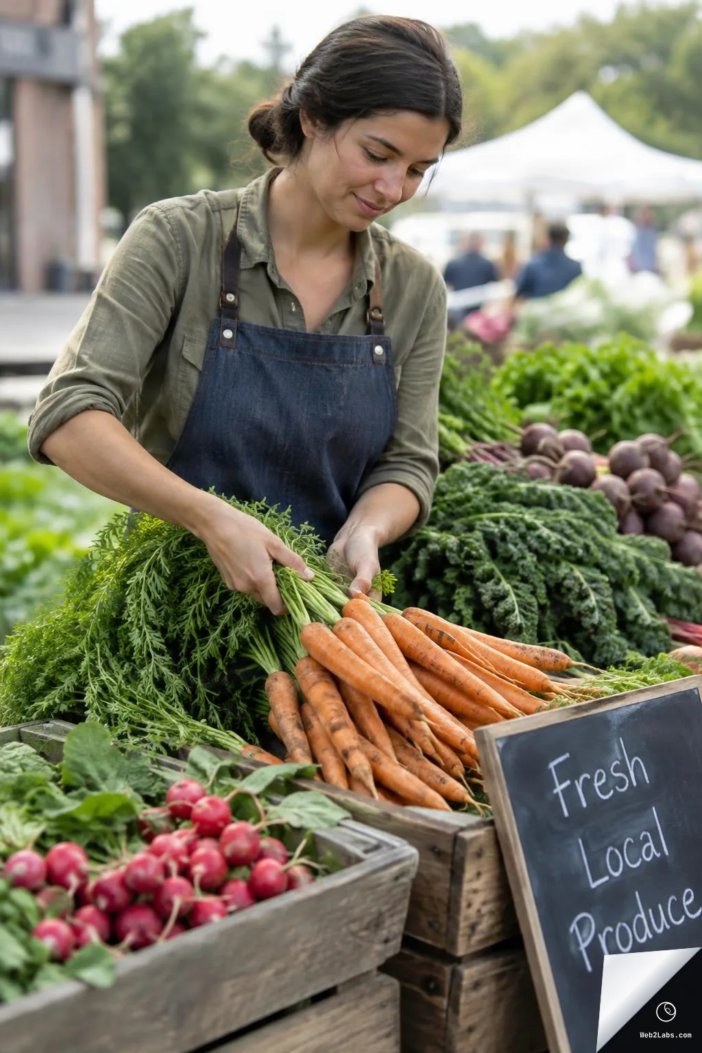 A woman in an apron arranges bunches of carrots at a farmers market stall with leafy greens and radishes in wooden crates, with a chalkboard sign reading "Fresh Local Produce" on the right.