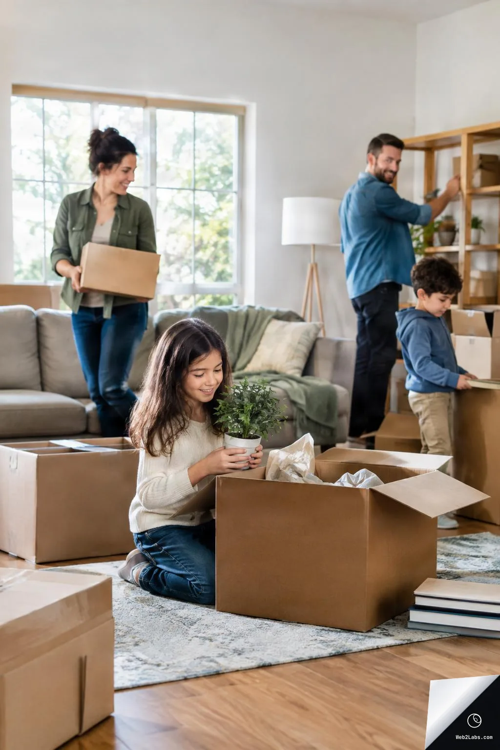 A family unpacking cardboard boxes in a sunlit living room; a girl kneels on a rug holding a small potted plant beside an open box while her parents and a young boy unpack and arrange items near a shelf.