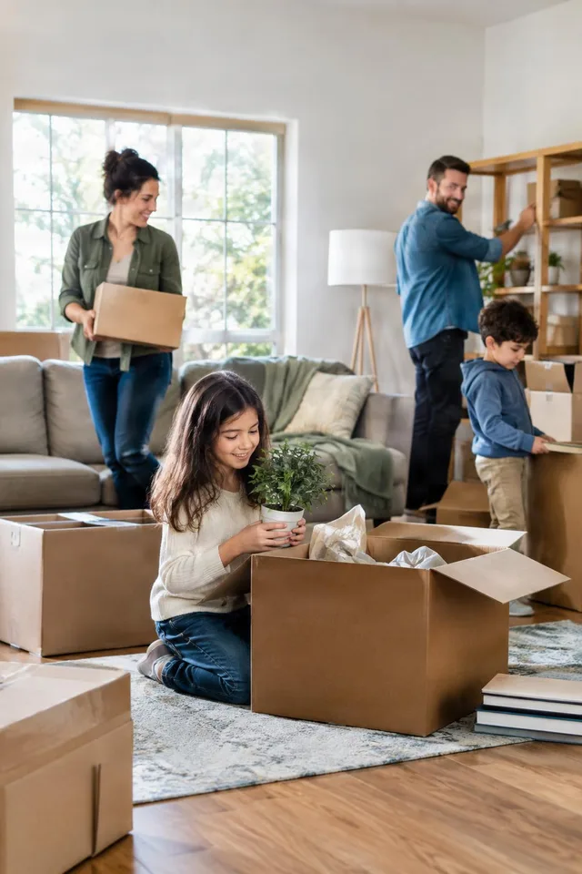 Family Unpacking in New Living Room