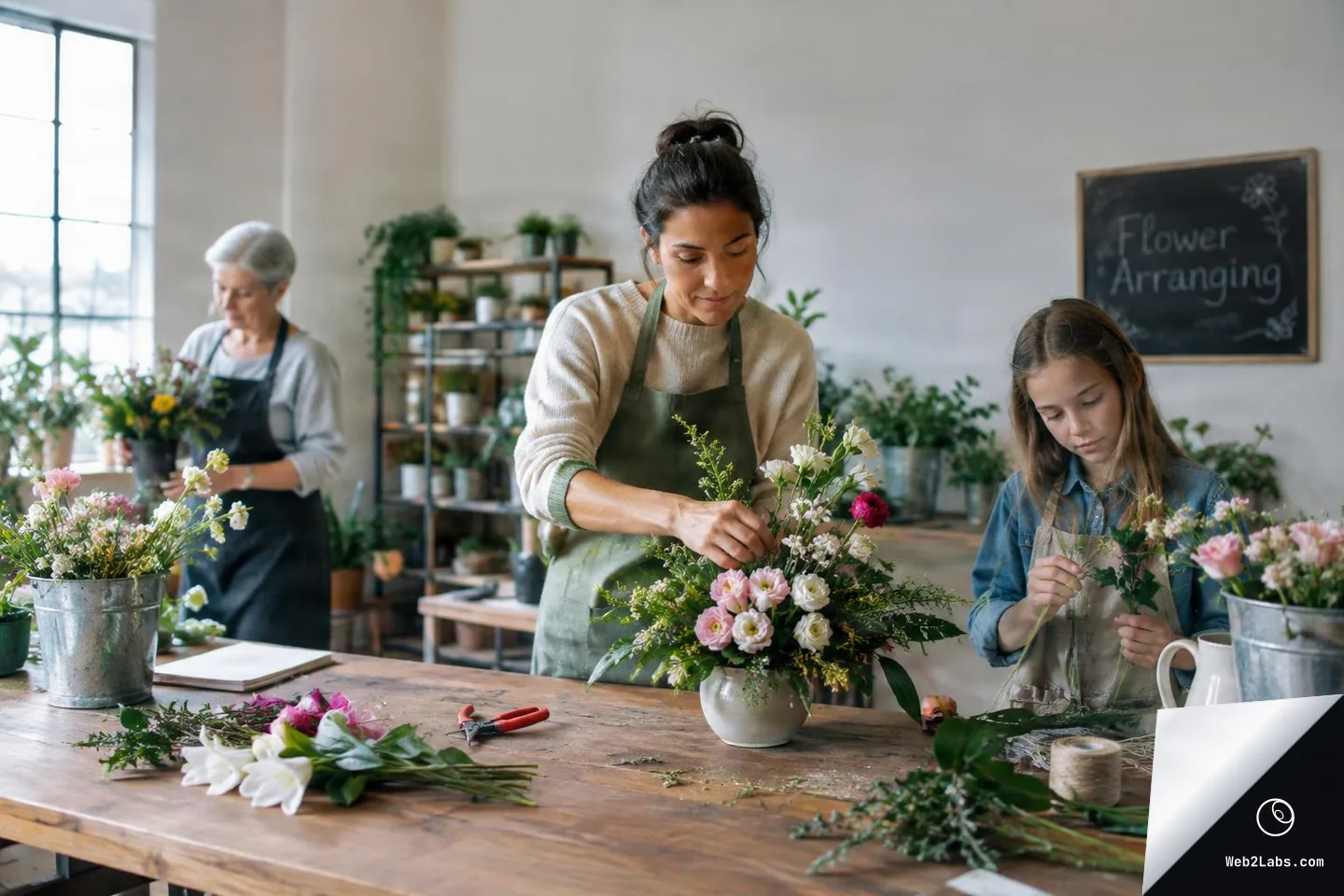 A woman in an apron arranges a bouquet in a white vase at a wooden table while a young girl works with stems beside her; an older woman arranges flowers in the background, with plants on shelves and a chalkboard sign reading "Flower Arranging" on the wall.