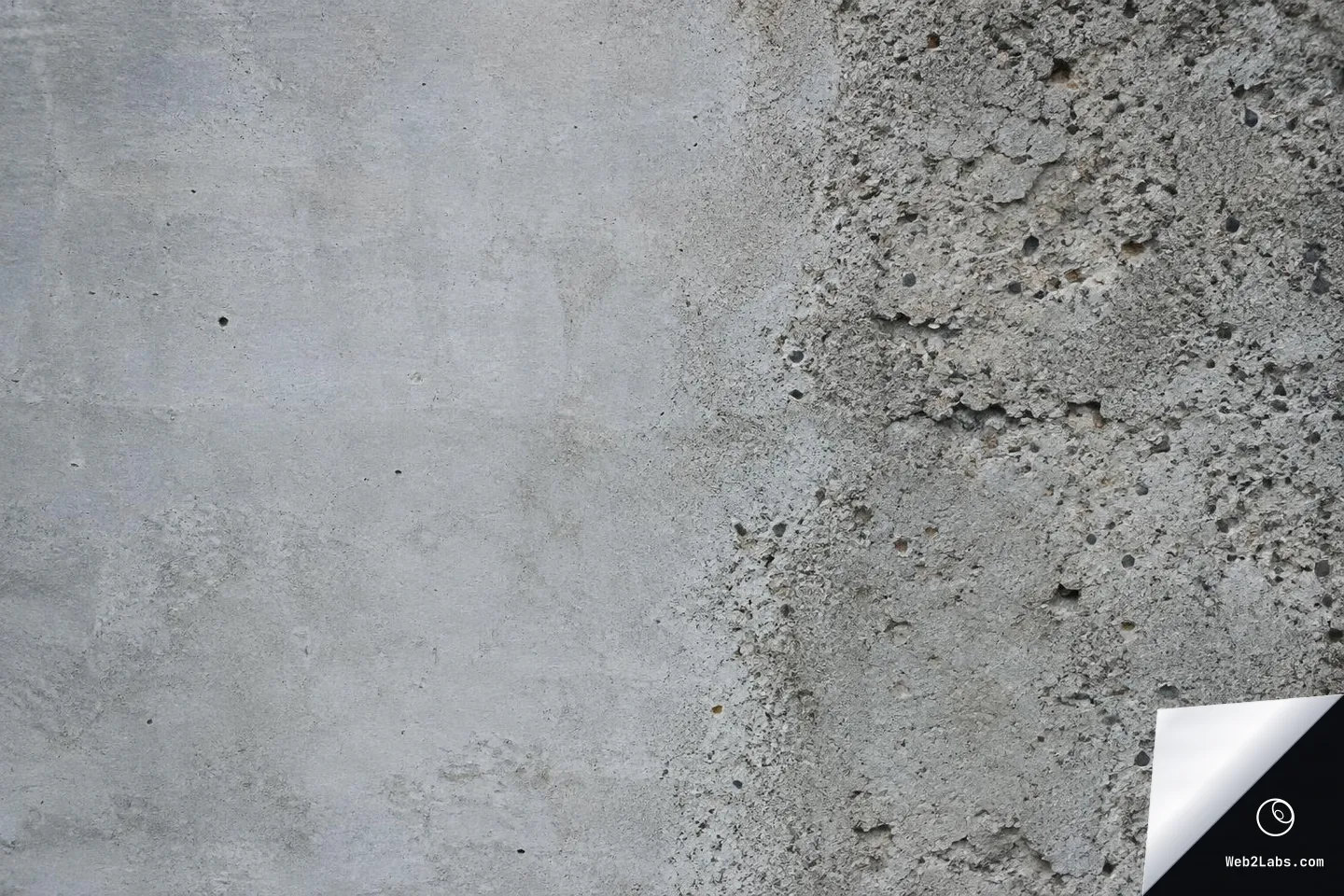 Horizontal photo of a concrete wall with a smooth light-gray surface on the left and a rough, pitted, aggregate texture concentrated on the right side.
