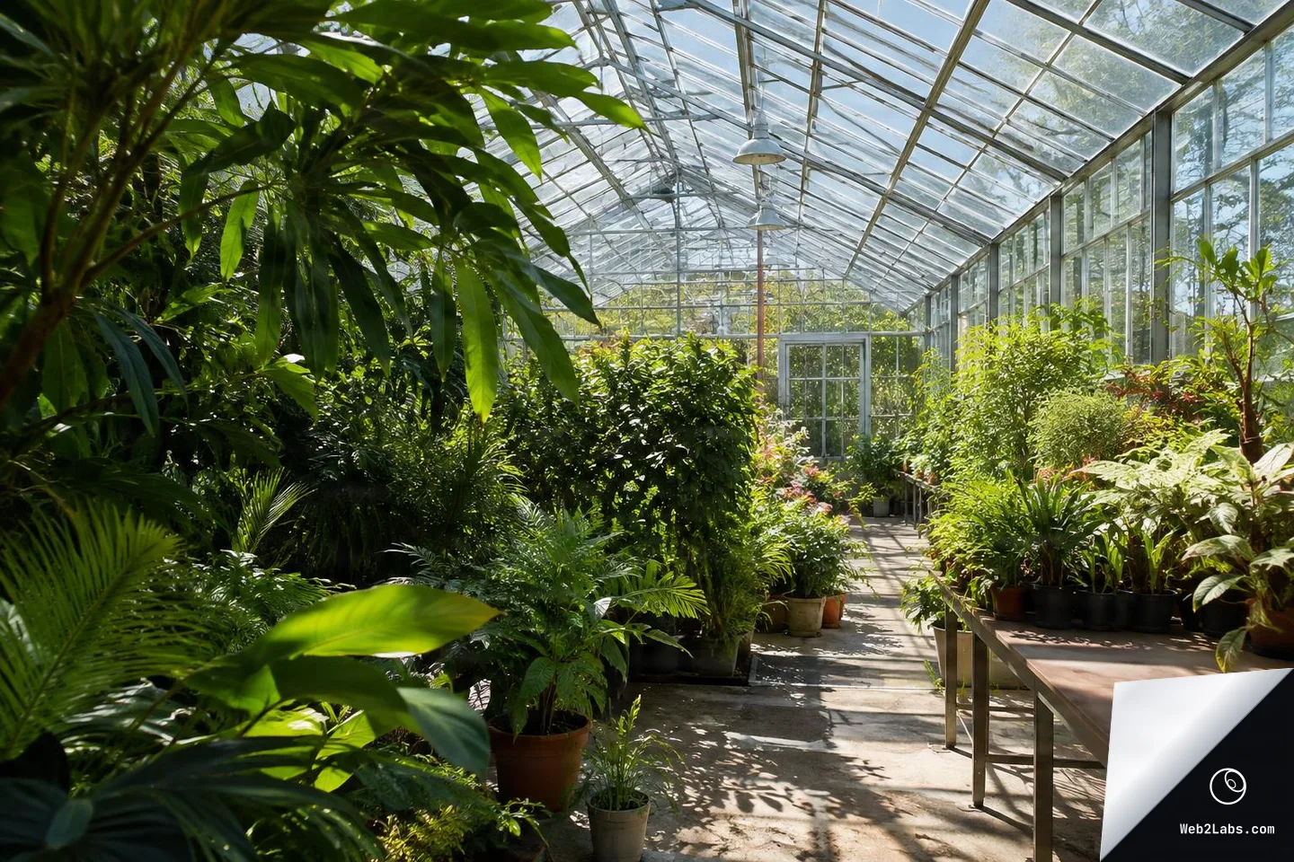 Bright glass greenhouse interior with dense green plants on both sides, potted plants on benches to the right, and sunlight casting shadows across a central concrete walkway leading to a door at the back.