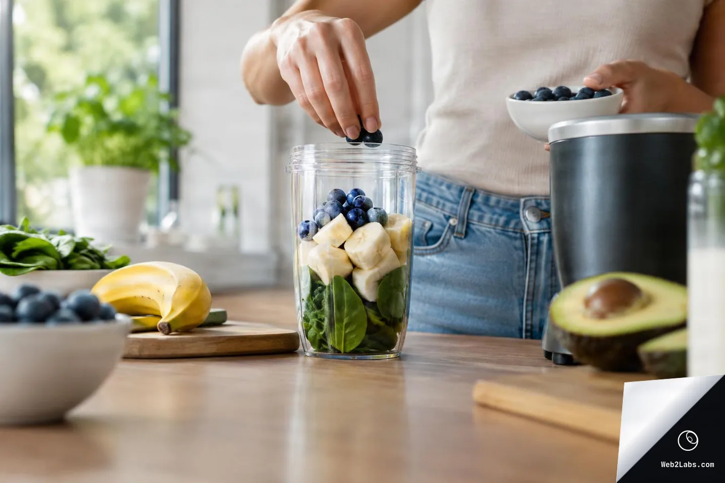 Person adding blueberries into a clear blender cup filled with spinach and banana on a wooden kitchen counter, with a banana, avocado, and blender base nearby in soft daylight.