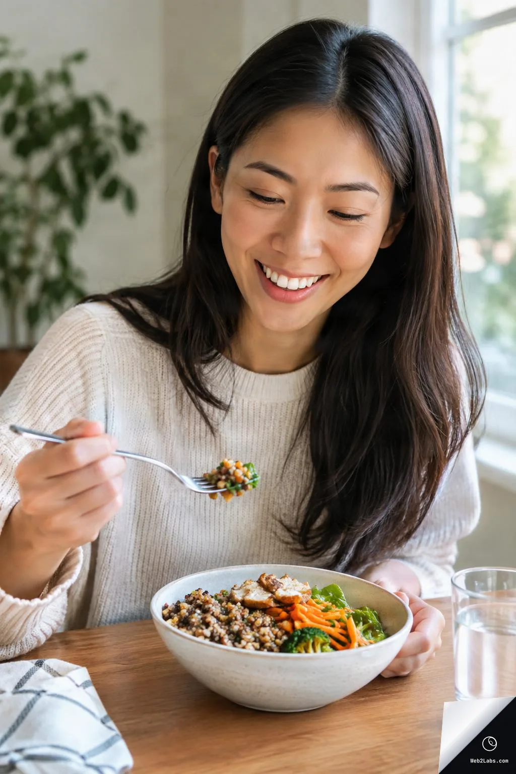 Smiling woman holding a fork over a bowl of mixed grains with vegetables and greens on a wooden table near a window, with a glass of water beside the bowl.