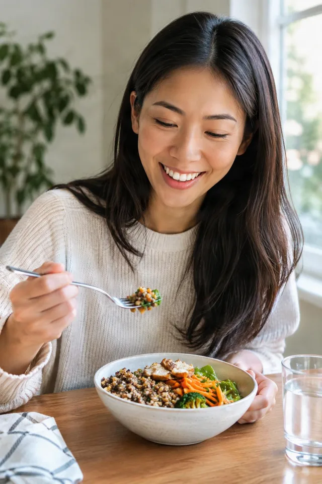 Woman Enjoying Grain Bowl Lunch