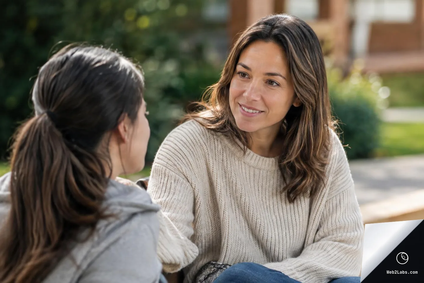 Over-the-shoulder view of a woman listening as another woman smiles encouragingly during a conversation outdoors, with a blurred garden and building in the background.