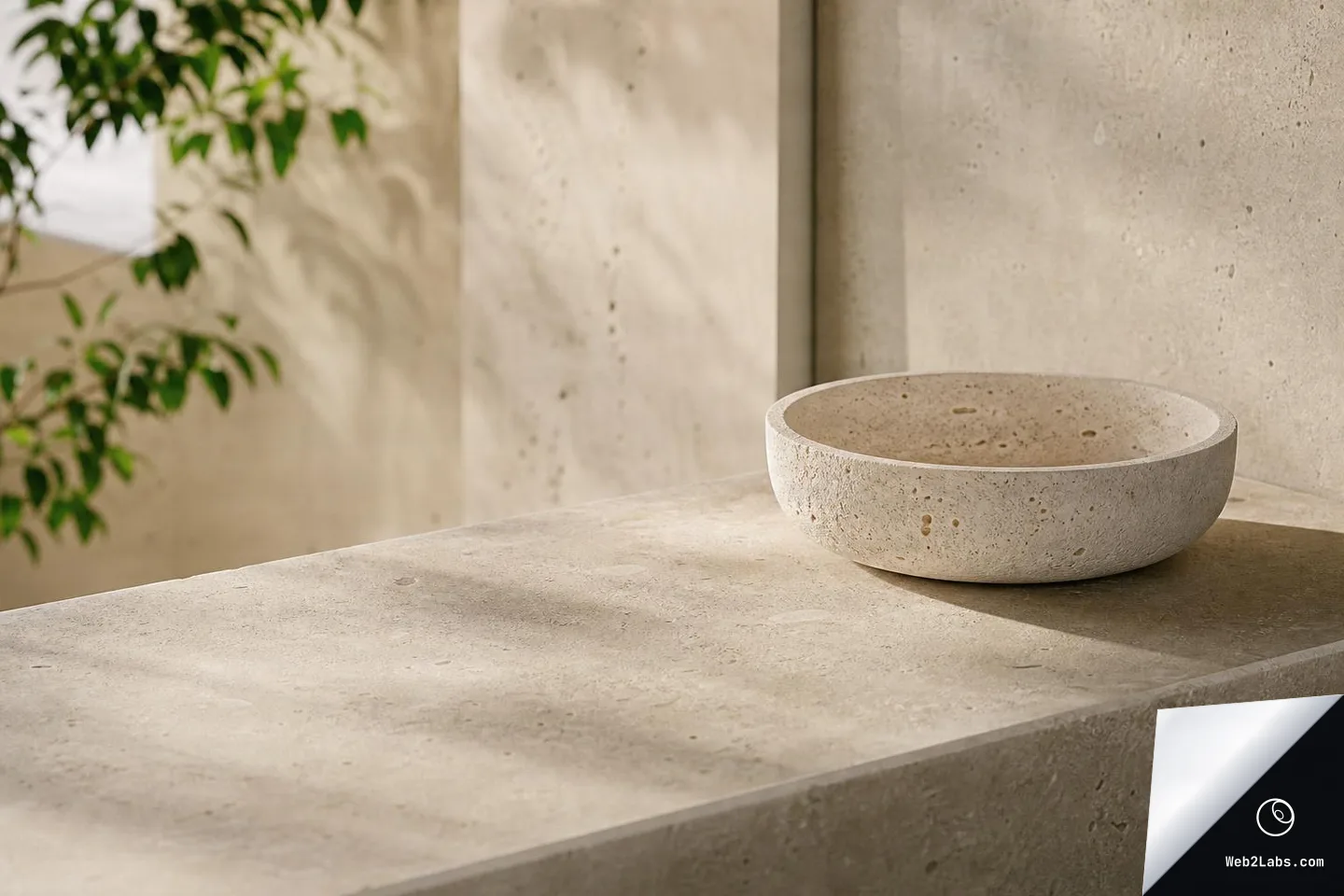 A pale stone countertop with a light stone bowl on the right, soft sunlight and leaf shadows across the surface, and a blurred green plant on the left against a stone wall.