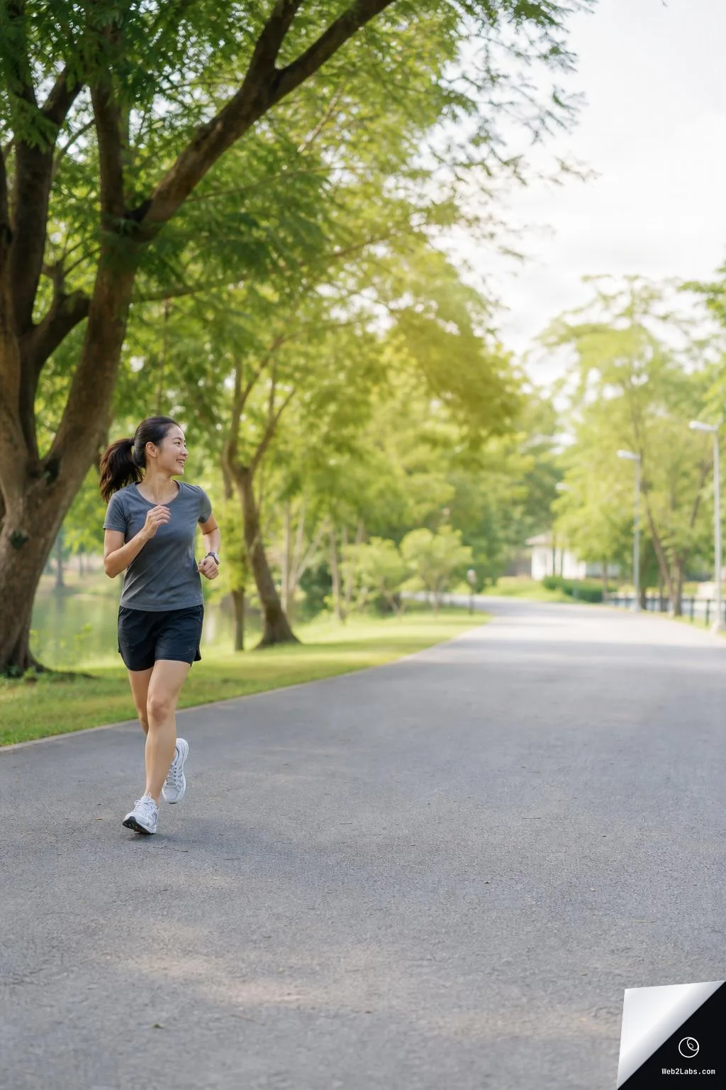 A woman jogging on a paved path in a green park, positioned on the left with open space on the right for text.