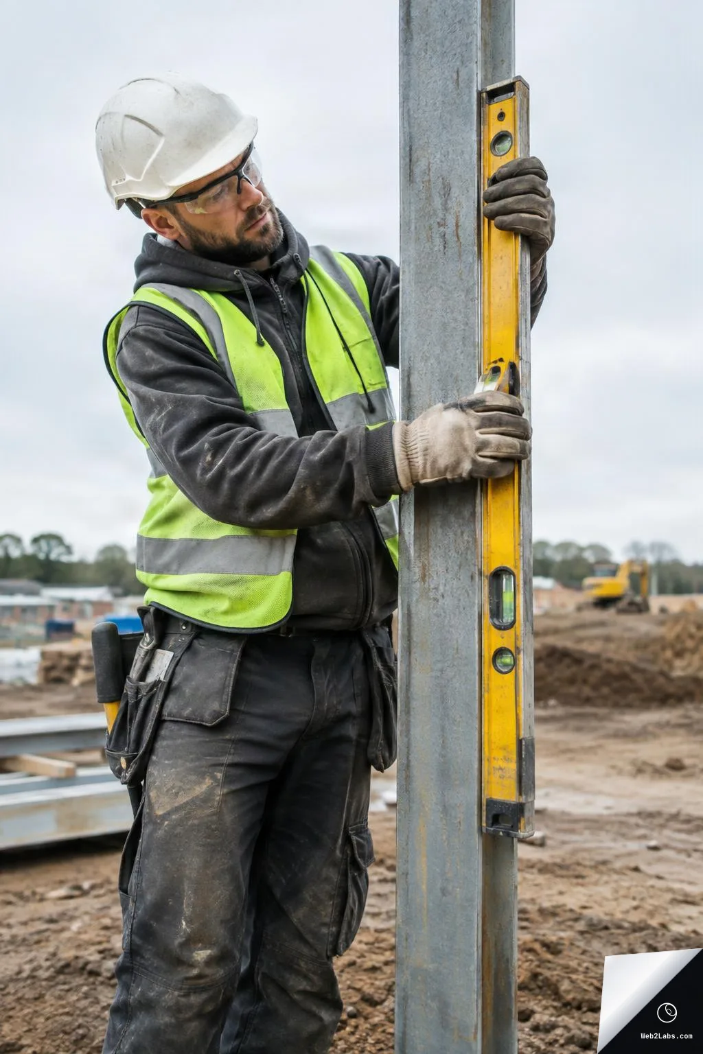 Construction worker in a hard hat and safety vest holding a yellow spirit level against a vertical steel post at a muddy building site.
