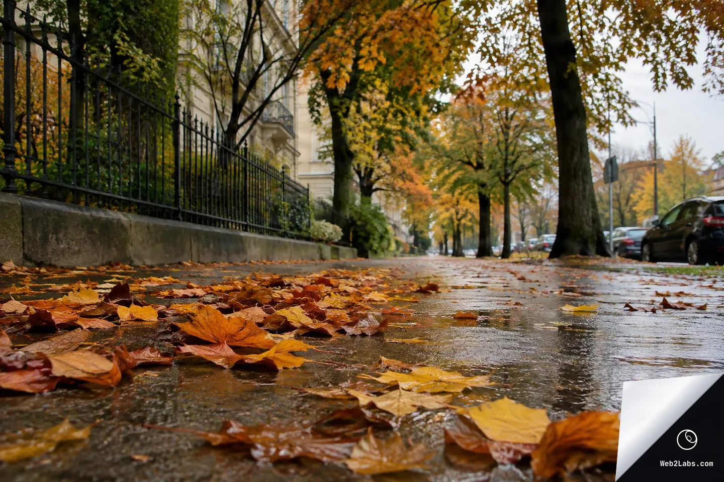 Ground-level view of a rain-wet sidewalk scattered with fallen orange and yellow leaves, with tree-lined street, iron fence on the left, and parked cars in the distance.