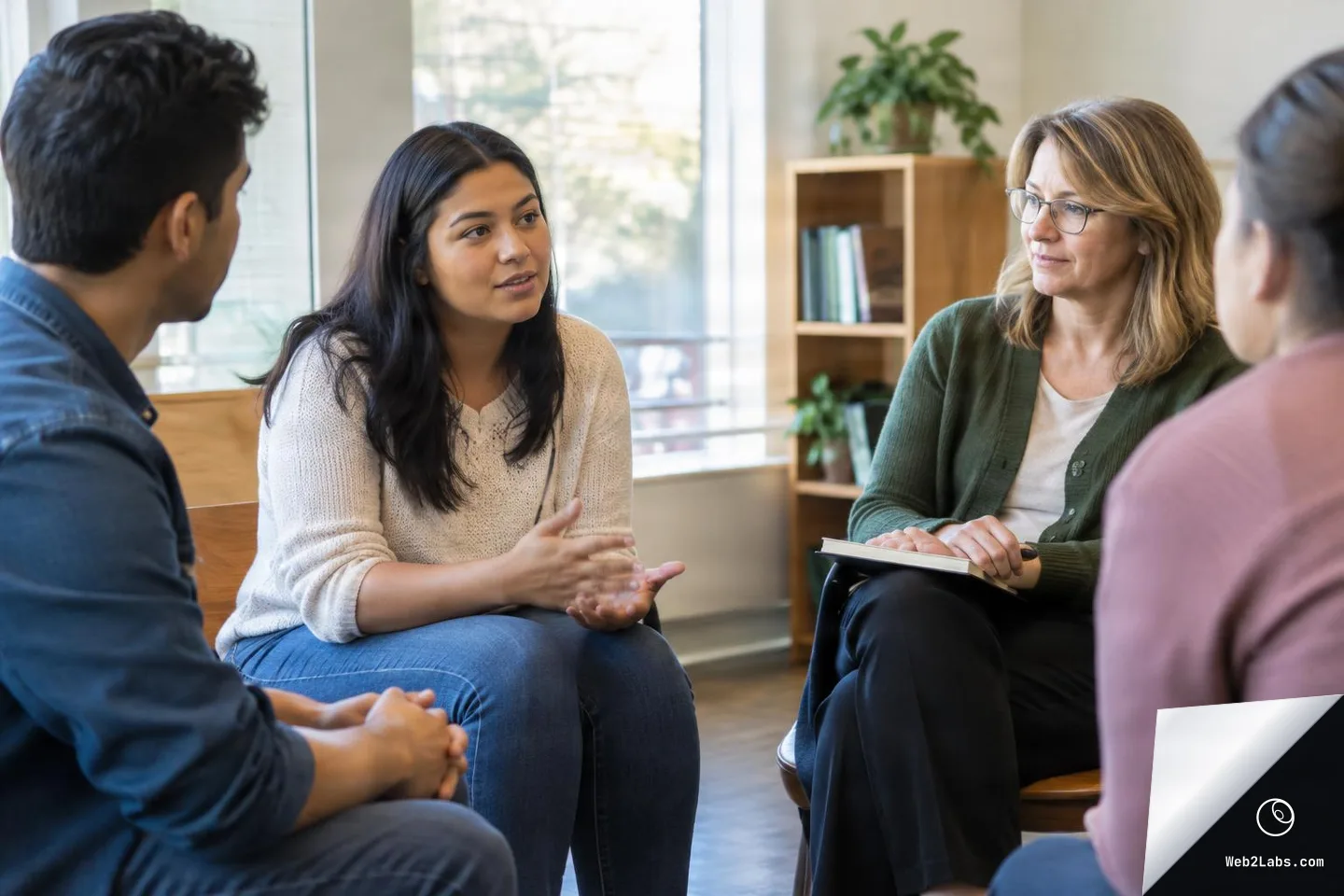 Four adults seated in a small group discussion in a bright office, with a counselor holding a notebook while a woman speaks and gestures.