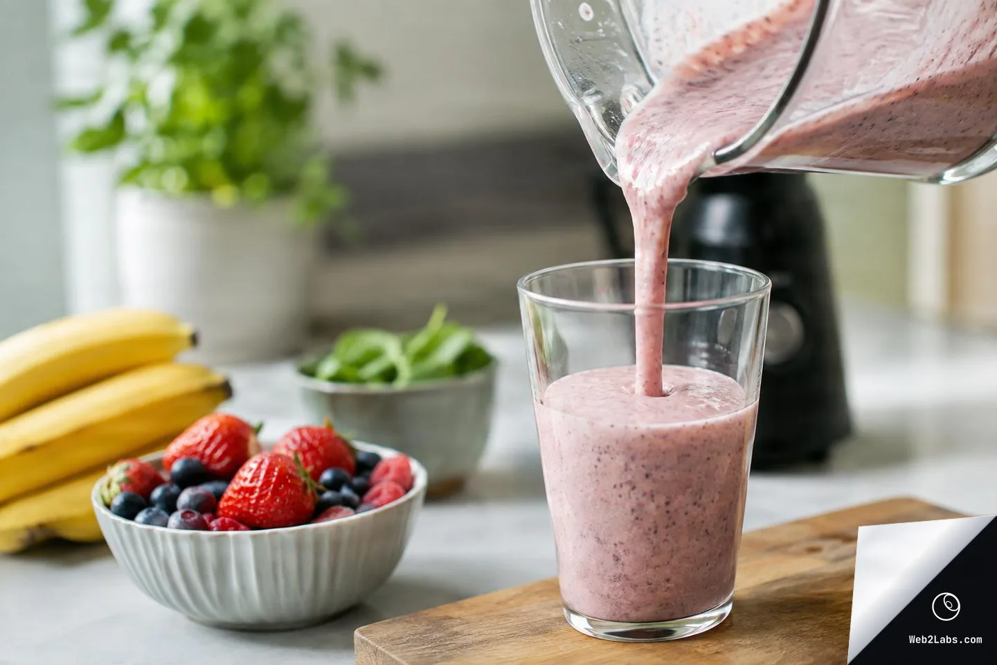A thick pink berry smoothie pours from a blender pitcher into a clear glass on a wooden cutting board, with a bowl of strawberries and blueberries, bananas, and leafy greens on a kitchen counter in the background.
