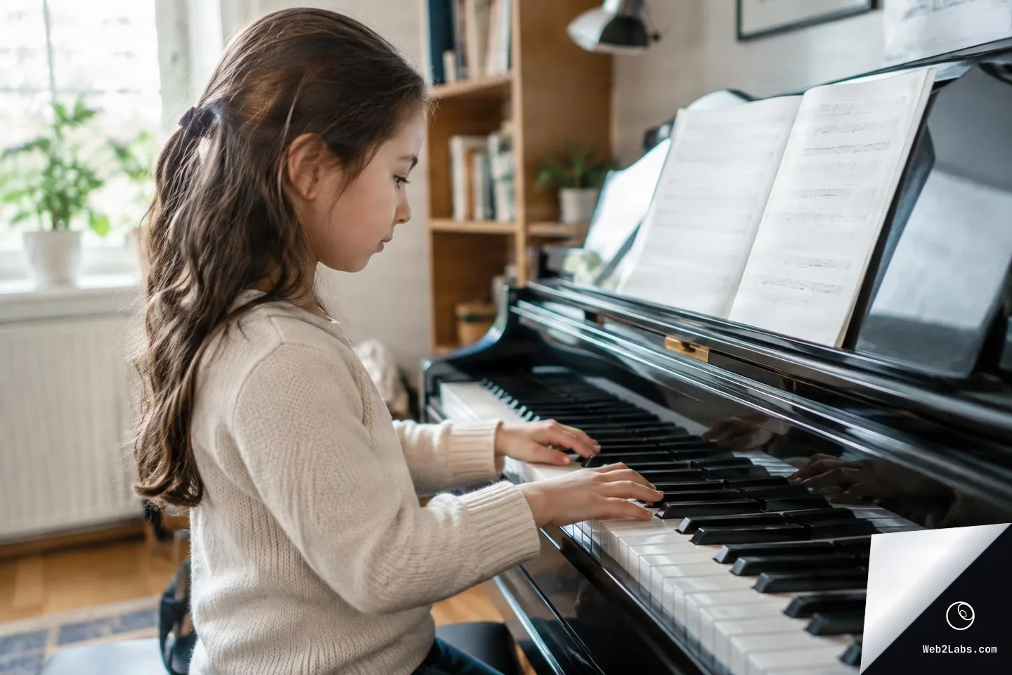 Side view of a young girl practicing piano at a black upright piano with open sheet music in a bright home room.
