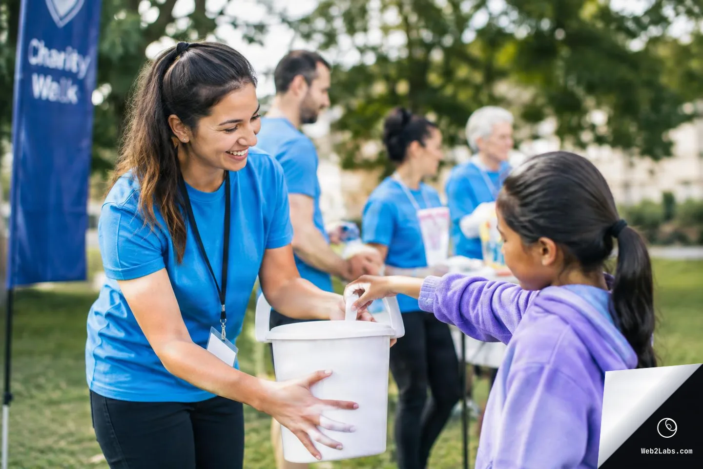 Smiling volunteer in a blue shirt holds a white donation bucket while a young girl in a purple hoodie drops something into it at an outdoor charity walk, with other volunteers blurred in the background.