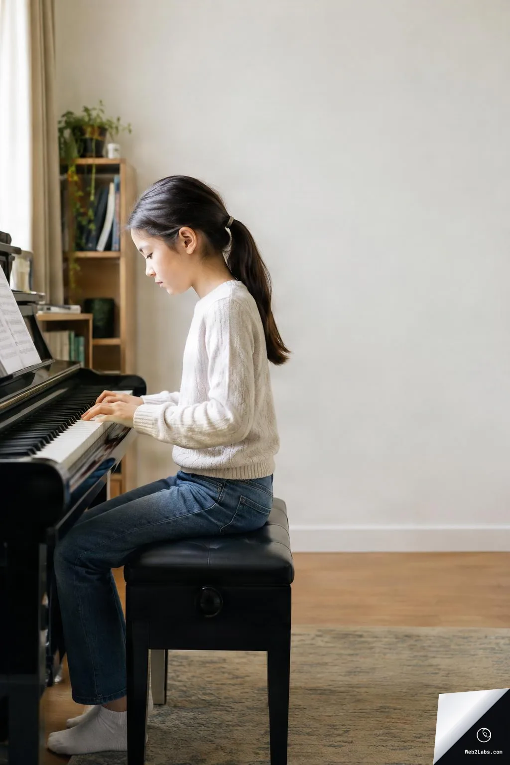 Side view of a child sitting on a piano bench and playing an upright piano in a bright room, with a large blank wall on the right for copy space.