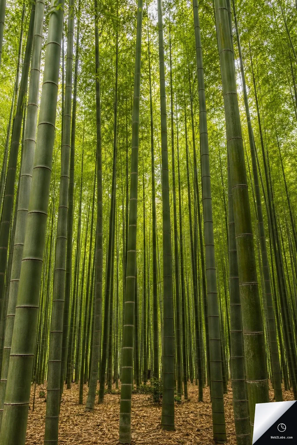 Low-angle vertical photo of tall bamboo stalks rising into a bright green canopy, with leaf-littered ground visible at the bottom.