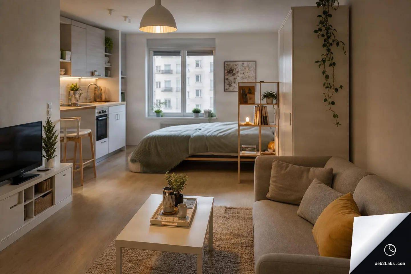 Softly lit studio apartment with a small kitchen on the left, bed by a large window in the center, shelving divider, and a gray sofa with a yellow cushion in the foreground.