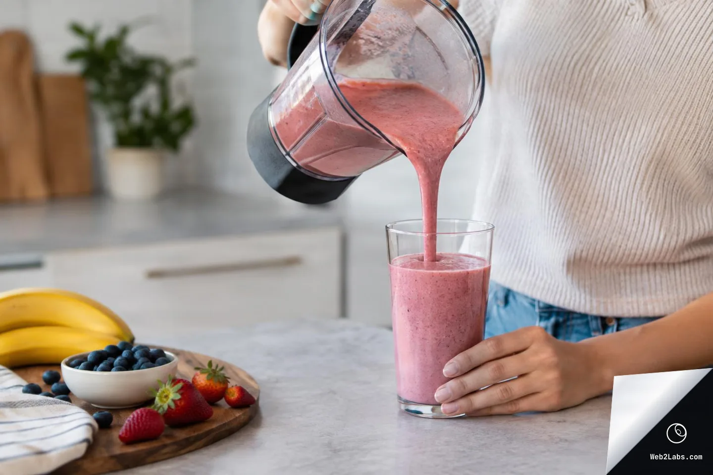Person pouring a pink berry smoothie from a blender container into a tall clear glass on a kitchen counter, with bananas, blueberries, and strawberries on a wooden board nearby