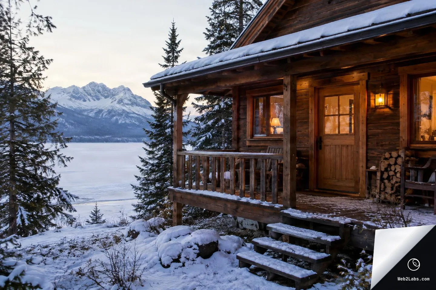 Close view of a wooden cabin porch with snow on the roof and steps, a glowing wall lantern, and stacked firewood, looking out toward a frozen lake framed by pine trees and snow-covered mountains at dusk.