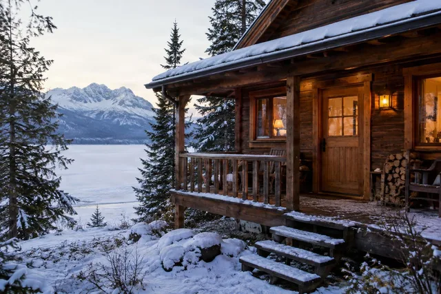 Snowy Lakeside Cabin Porch