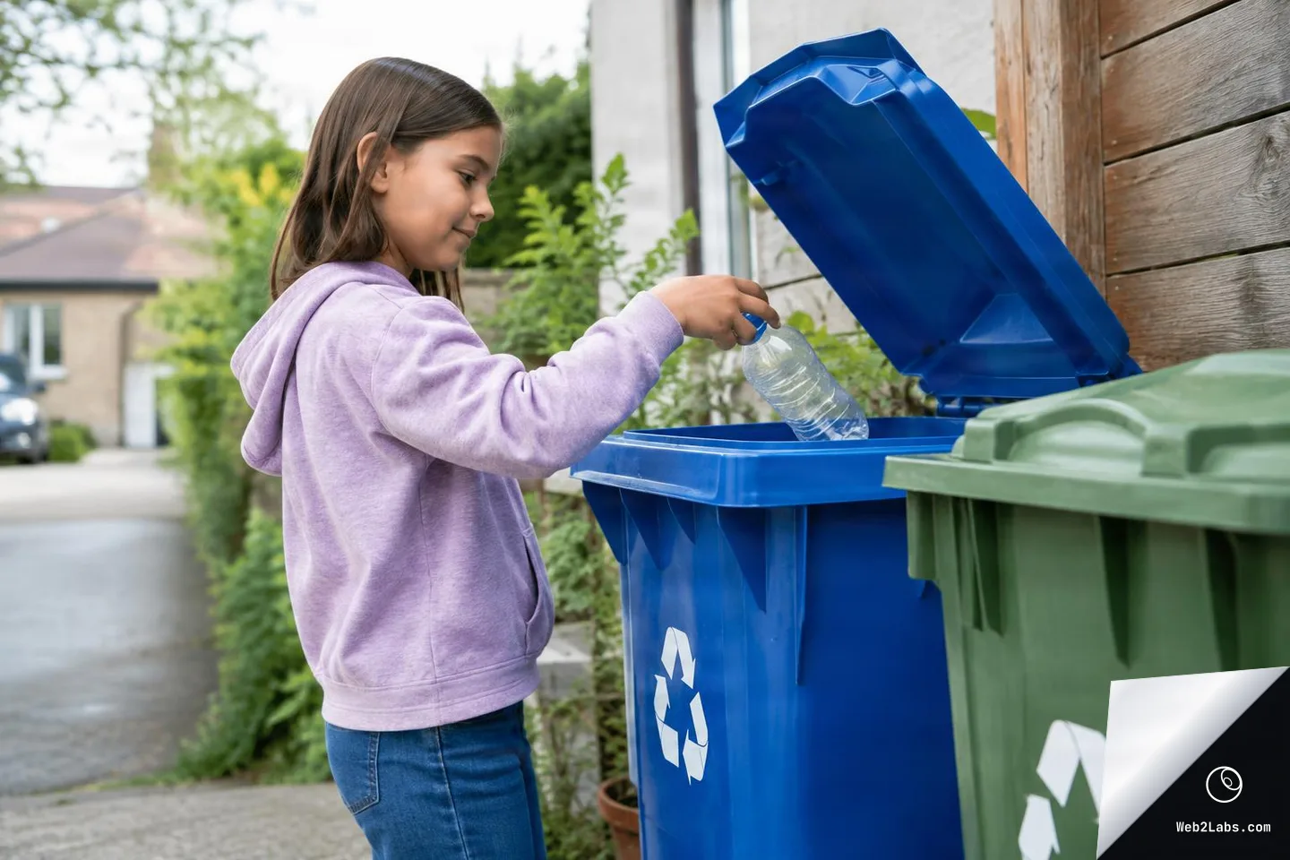 A young girl in a purple hoodie drops a plastic bottle into a blue recycling bin next to a green bin outside a house.