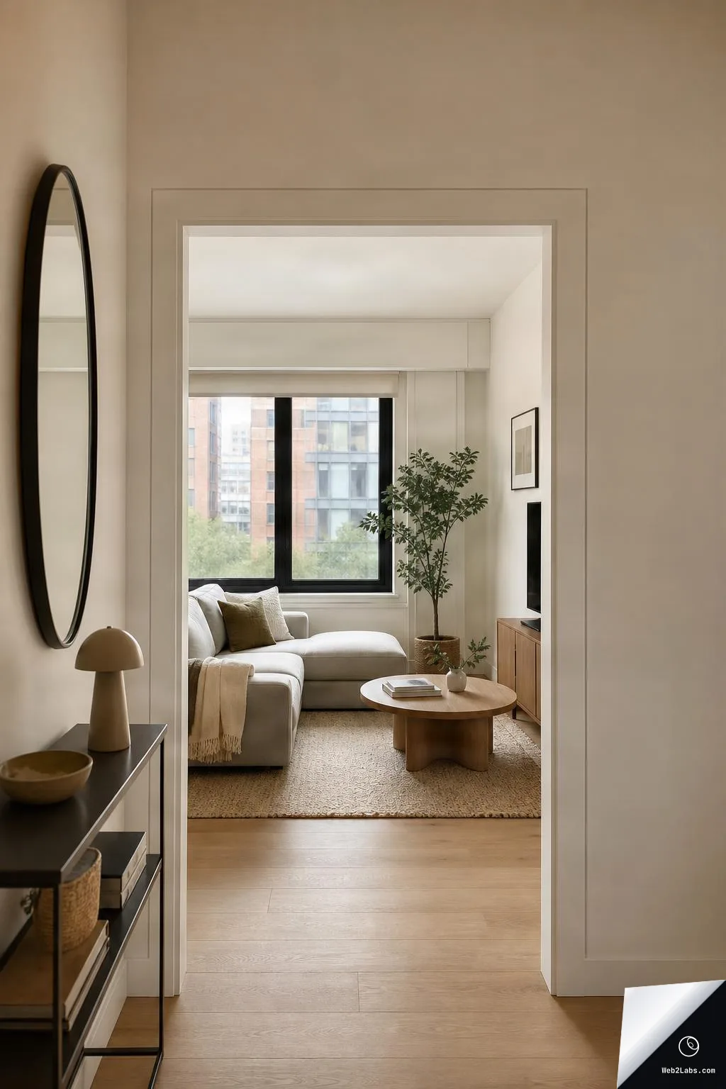 View through a doorway into a small modern living room with a light sectional sofa, round wooden coffee table, beige rug, potted indoor tree, and a large black-framed window with city buildings outside; a console table and round wall mirror sit in the foreground hallway.