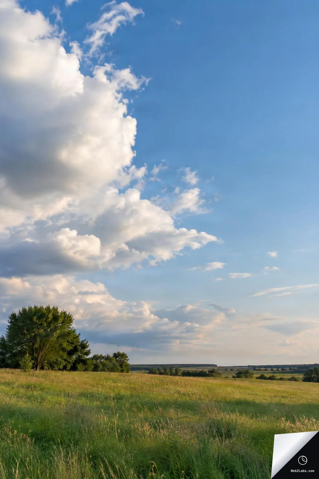 Large white cumulus clouds in a blue sky above a green open field with a cluster of trees on the left and distant farmland on the horizon.