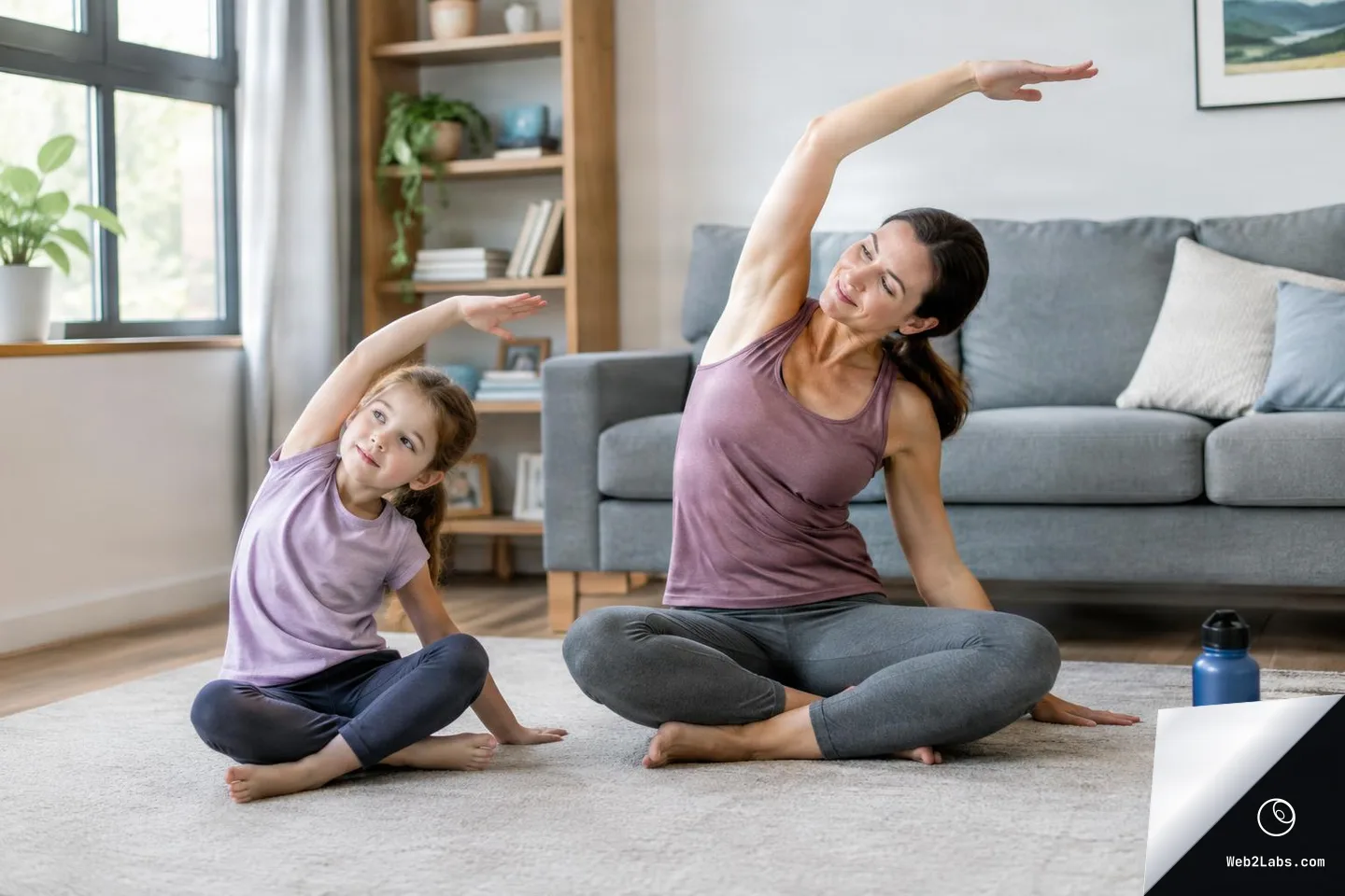 A woman and a young girl sit cross-legged on a rug in a bright living room and perform a gentle side stretch with one arm arched overhead; a rolled yoga mat and a water bottle sit on the floor nearby.