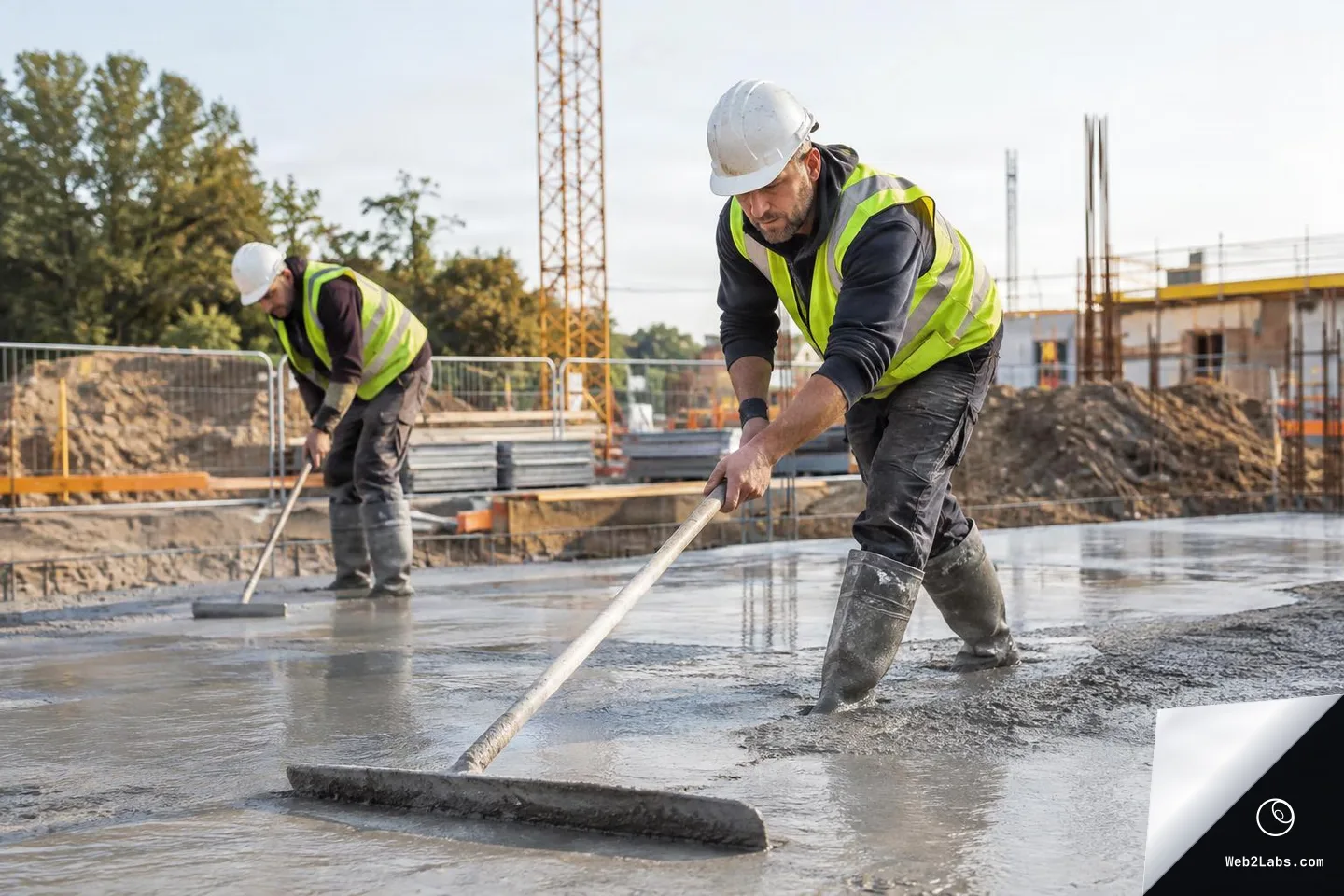 Two construction workers wearing hard hats and safety vests use long screeds to level wet concrete on a building site, with rebar and site structures in the background.
