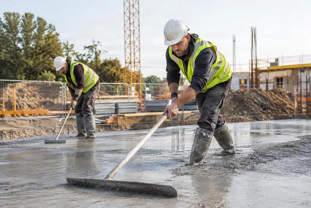 Workers Leveling Fresh Concrete Slab