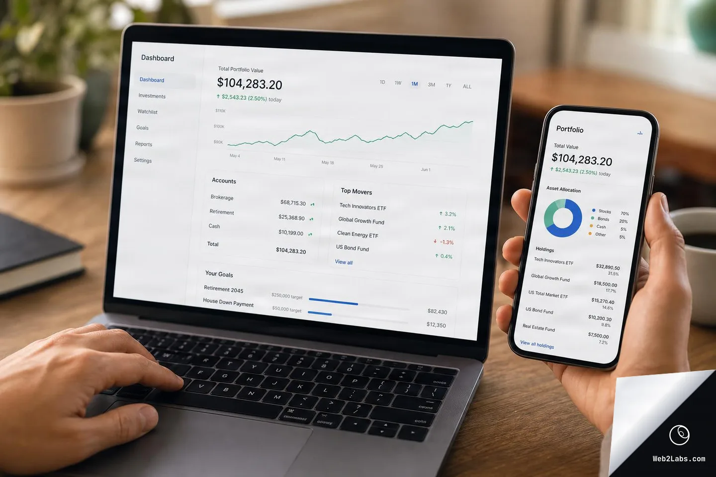 Close-up of a laptop on a wooden desk displaying a portfolio dashboard with a line chart and account balances, while a hand holds a smartphone showing a portfolio allocation donut chart and holdings list.