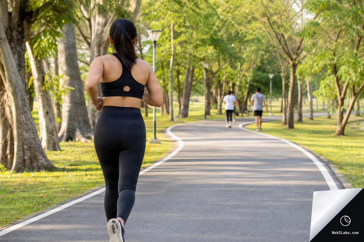 Rear view of a woman jogging on a paved path through a green park with trees and lampposts, with two runners in the distance.