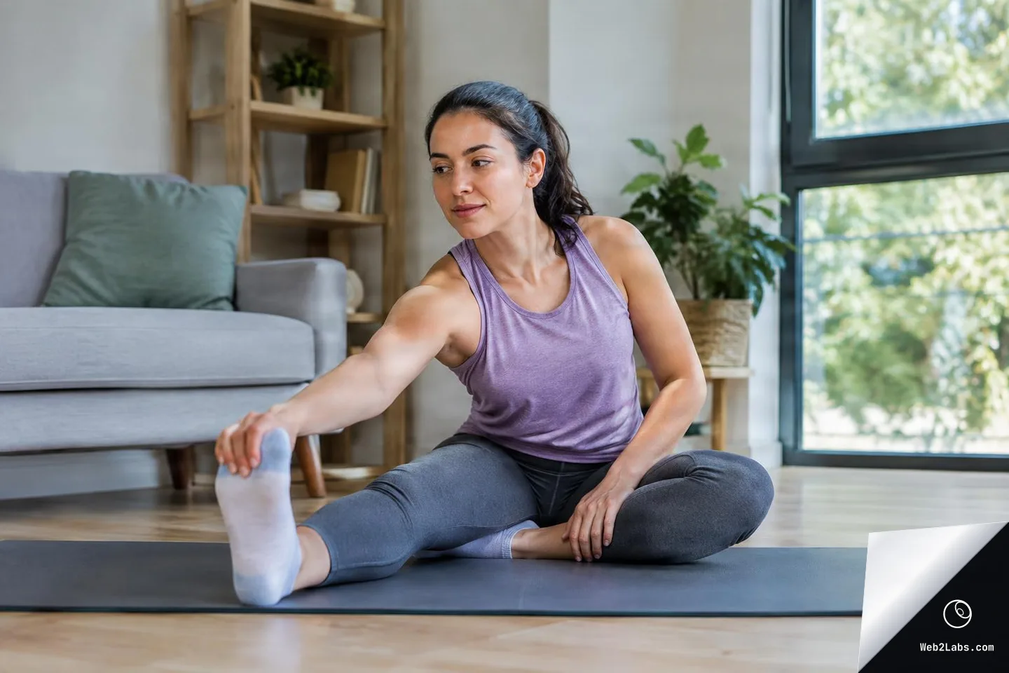 Woman sitting on a yoga mat in a living room, reaching toward her extended foot in a gentle seated stretch with a large window and plants in the background.