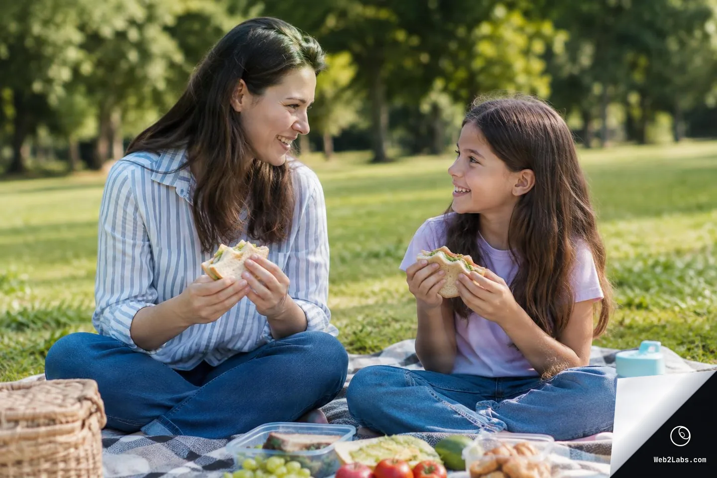 Woman and young girl sit on a picnic blanket in a park, smiling at each other while holding sandwiches, with picnic food and a water bottle in the foreground.