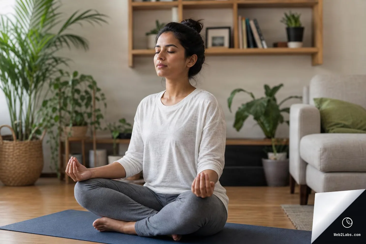 Woman sitting cross-legged on a yoga mat in a living room, eyes closed and hands resting on knees in a meditation pose, with houseplants and shelves in the background.