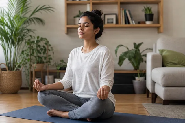 Woman Meditating on Yoga Mat