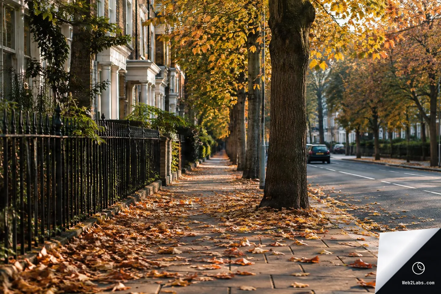 Sunlit sidewalk covered with fallen autumn leaves beside a row of townhouses and iron railings, with trees in orange foliage along a quiet street with a few parked cars.