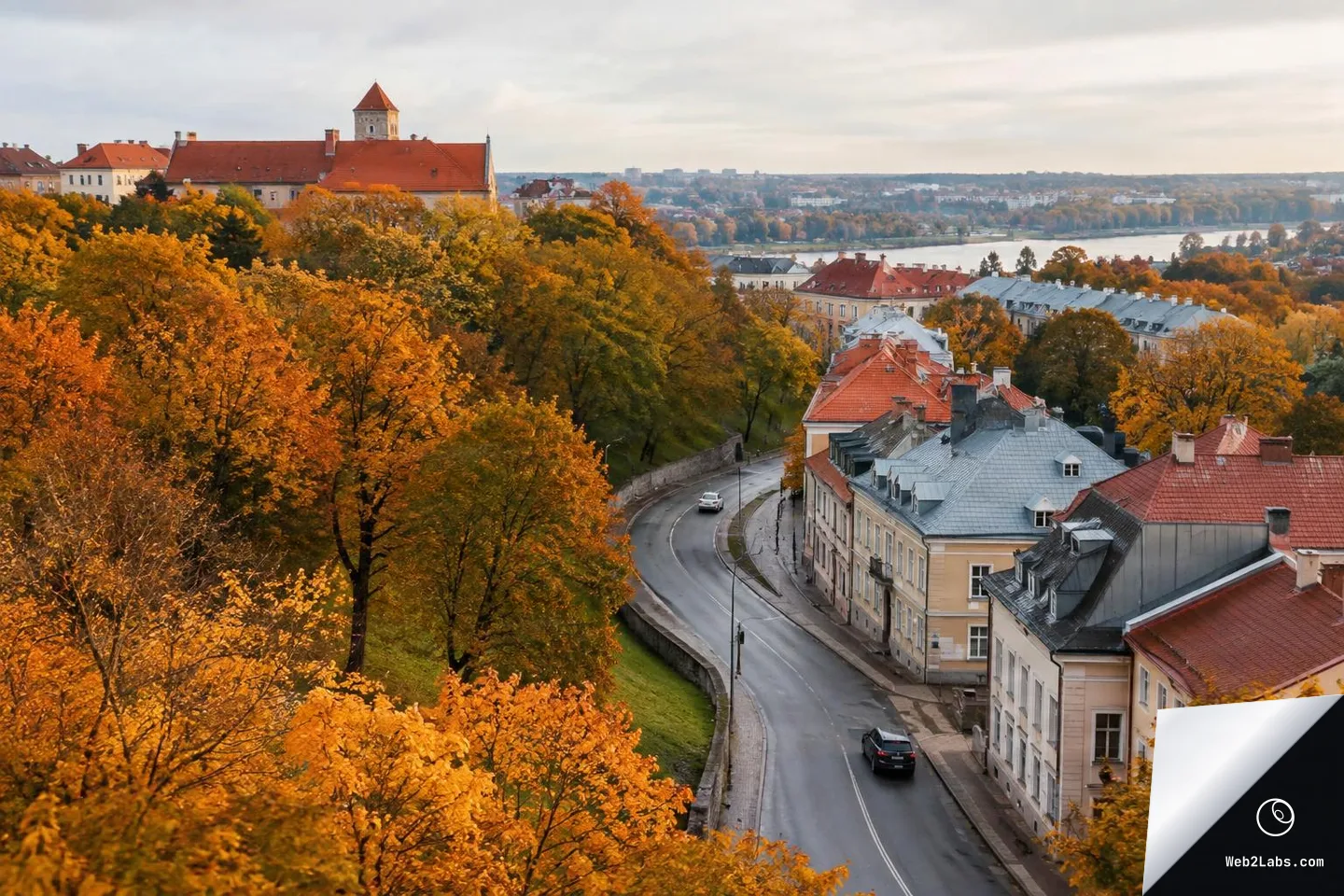High-angle view of a curved road running between historic buildings and orange-yellow autumn trees, with rooftops and a distant river under an overcast sky.
